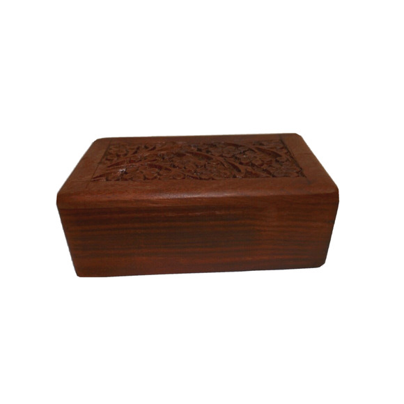 Handcarved Floral Keepsake Wood Jewelry Box With Slide open Bottom - Picture 6 of 16